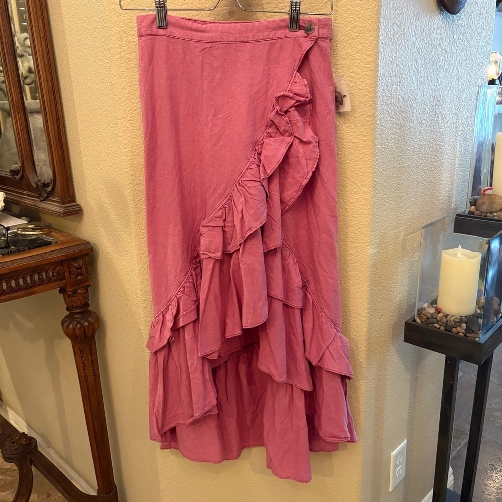 NWT~FREE PEOPLE Women Raspberry Linen Blend Ruffle Wrap Vacation Skirt Size XS